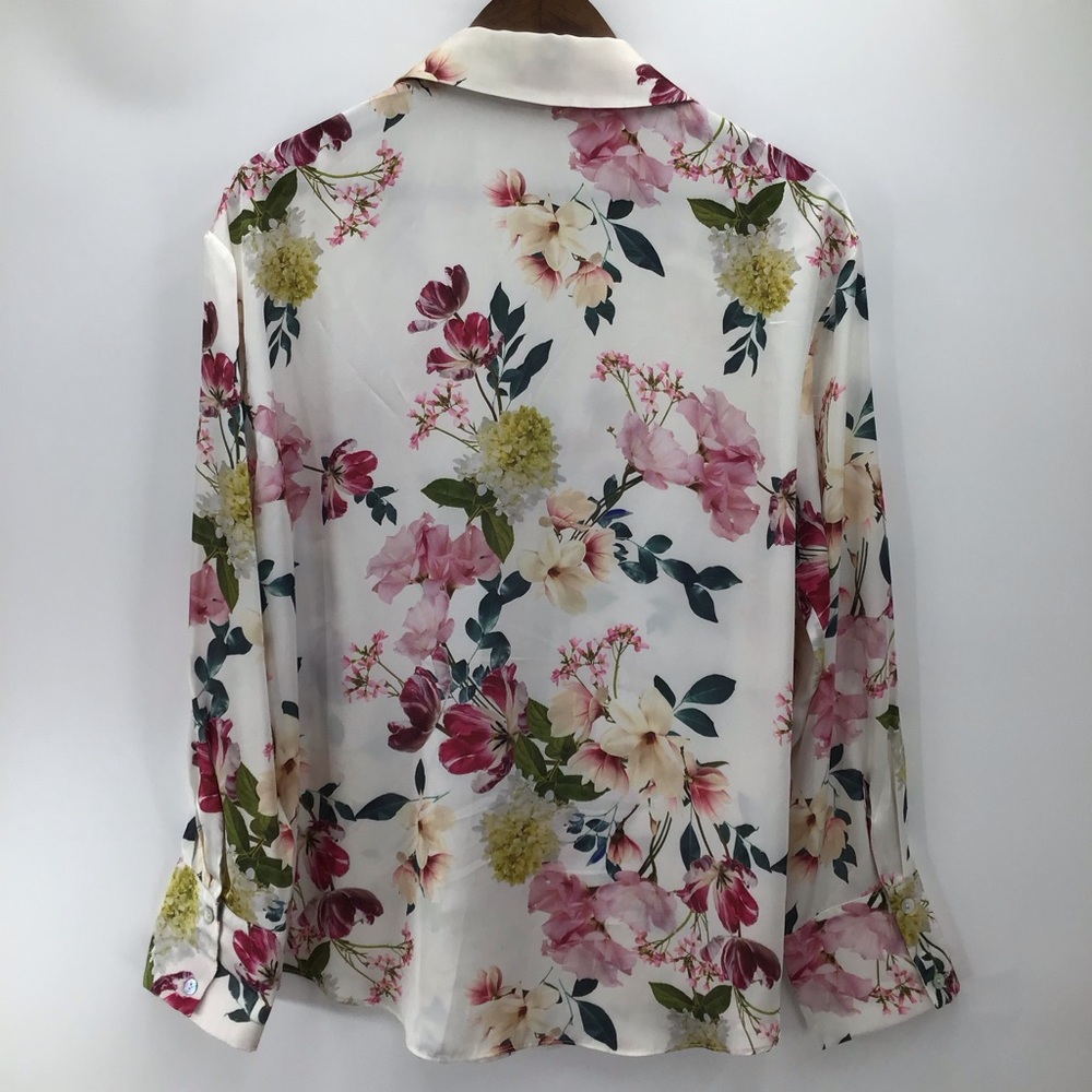 Zara Satin Floral Button Down Long Sleeve Blouse - Pink and Green - Picture 5 of 12